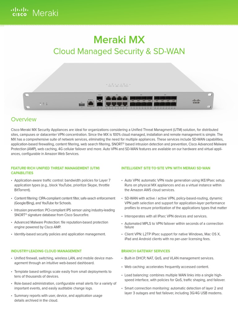 Meraki Datasheet MX PDF Virtual Private Network Cloud Computing