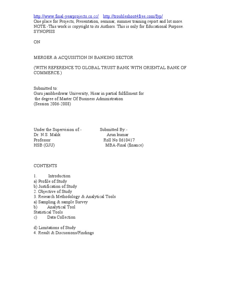 Merger and Acquisition in Banking Sector | PDF