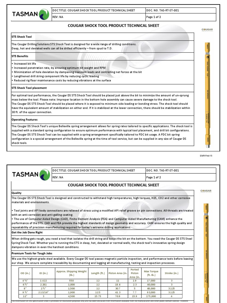 Cougar Shock Tool Product Technical Sheet PDF Engineering