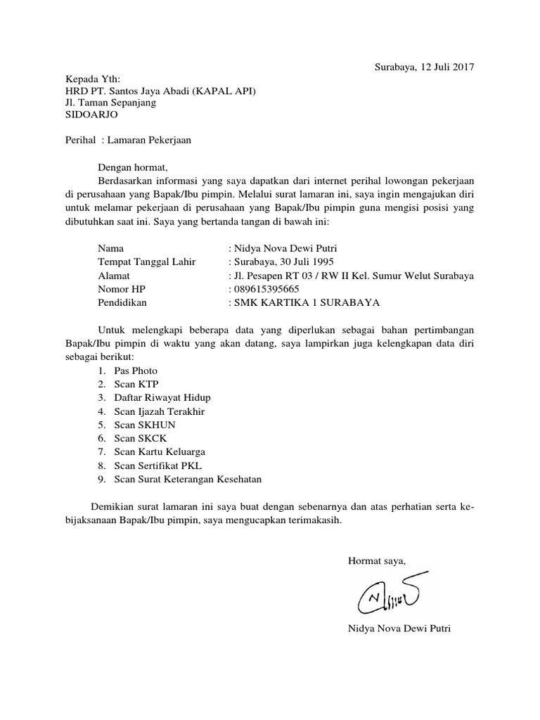 Contoh Surat Lamaran Kerja Pabrik Kapal Api