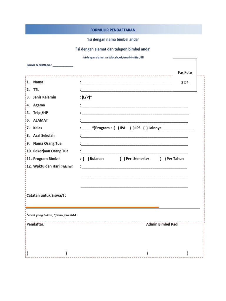 Contoh Formulir Pendaftaran Bimbel | PDF | Karier & Perkembangan