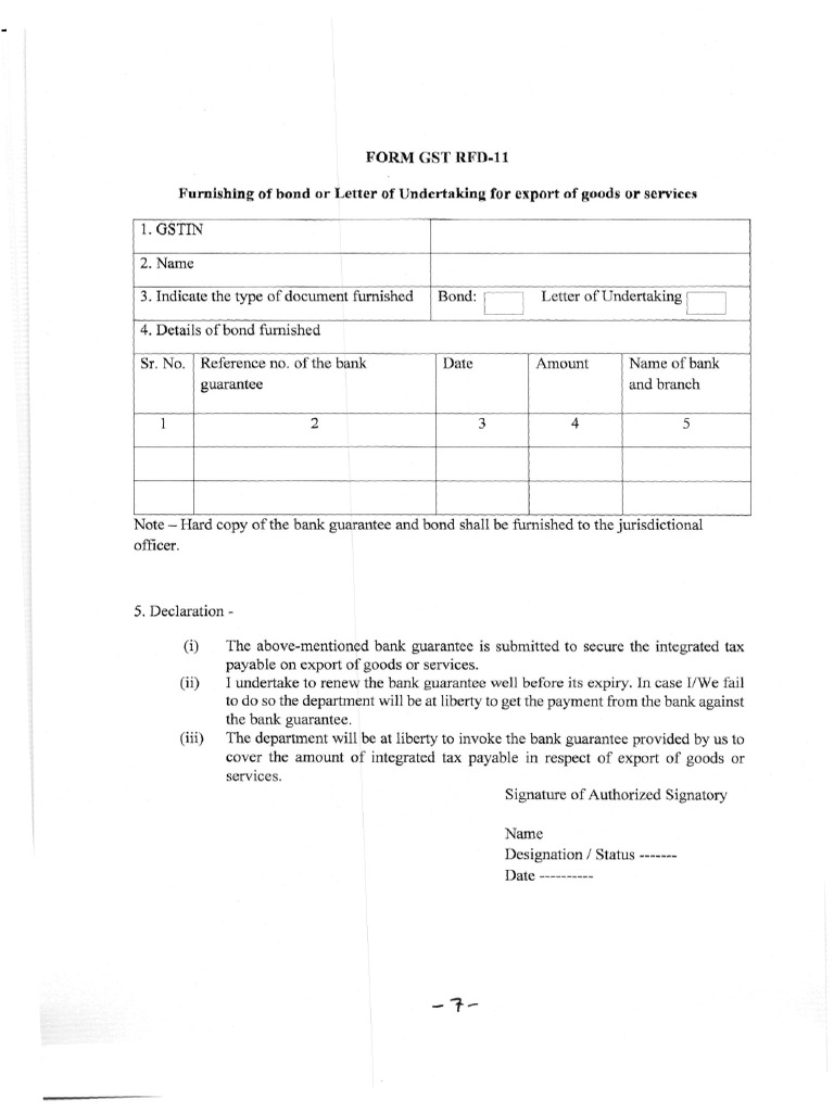 Form GST Rfd-11 Furnishing of Bond or Letter of Undertaking For Export ...