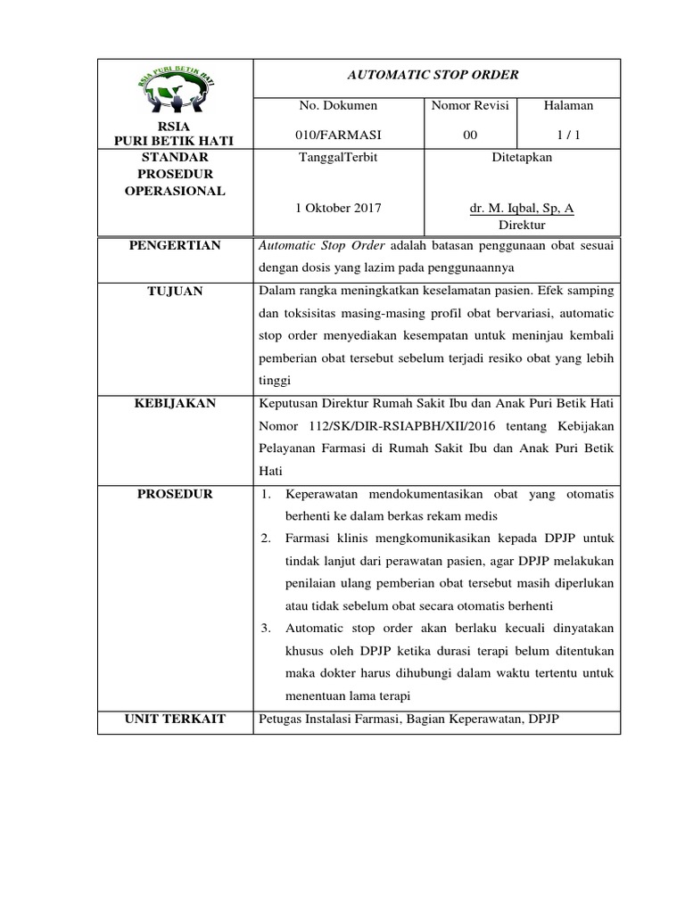 Prosedur Automatic Stop Order Obat | PDF