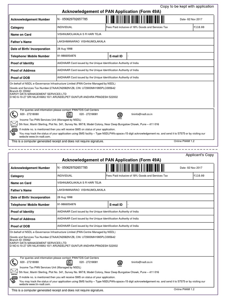 Acknowledgement of PAN Application (Form 49A) Identity Document