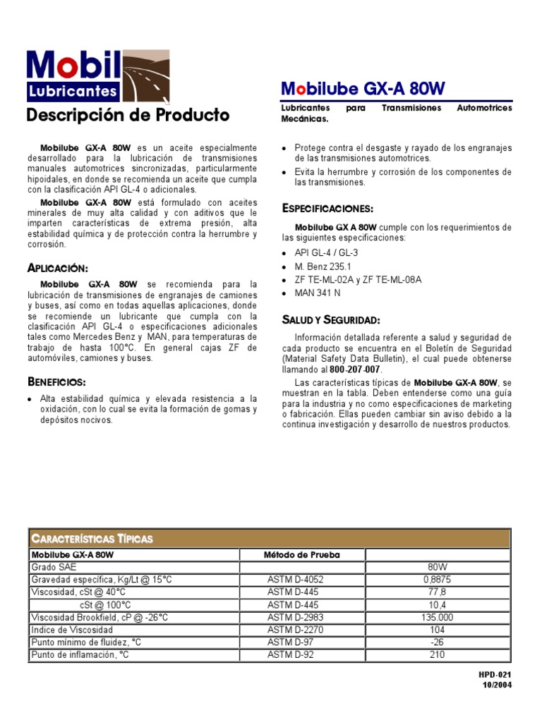 Mobilube GX-A 80W: Lubricante Automotriz | PDF | Lubricante ...