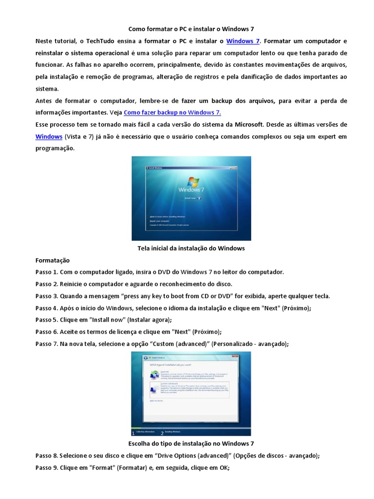 Formatação e Instalação do Windows 7 | PDF | Windows 7 | Microsoft Windows