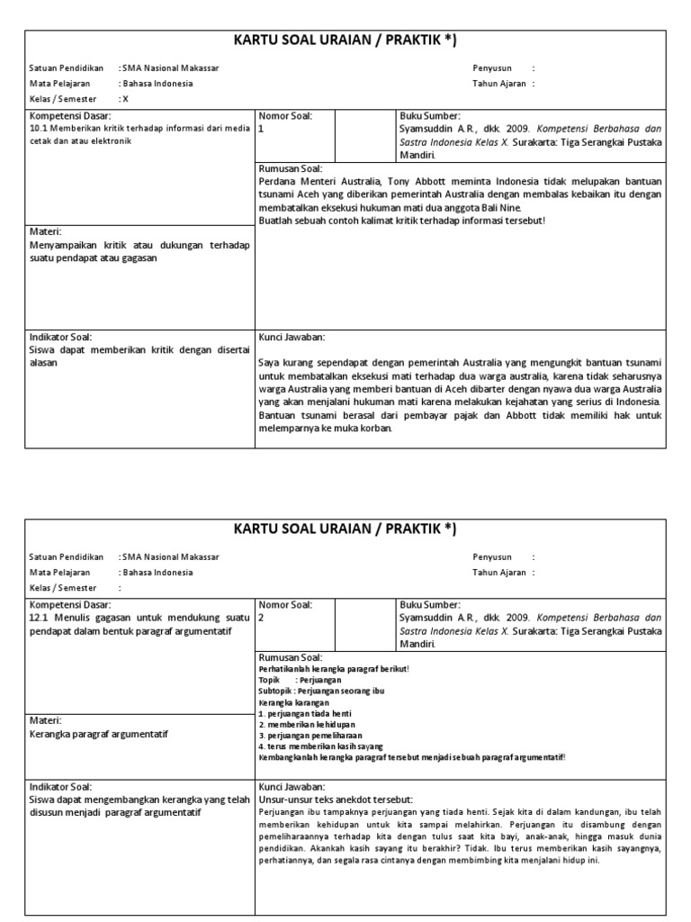Kartu Soal Uraian Bahasa Indonesia