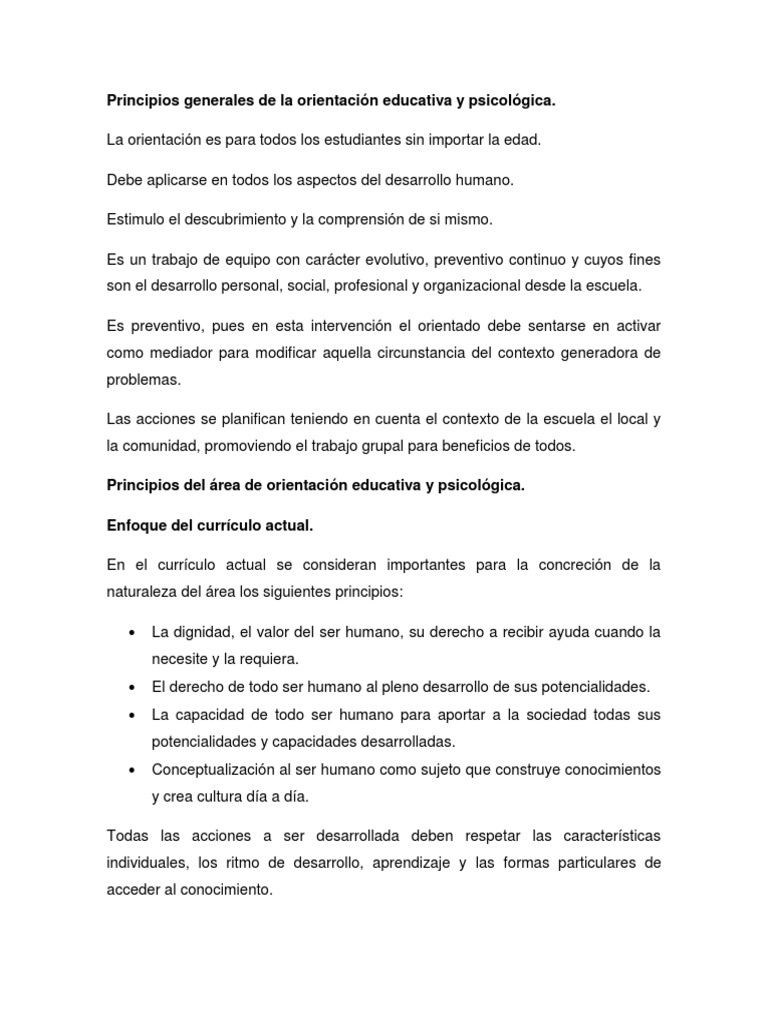 Principios de la Orientación Educativa | PDF | Sicología | Plan de estudios