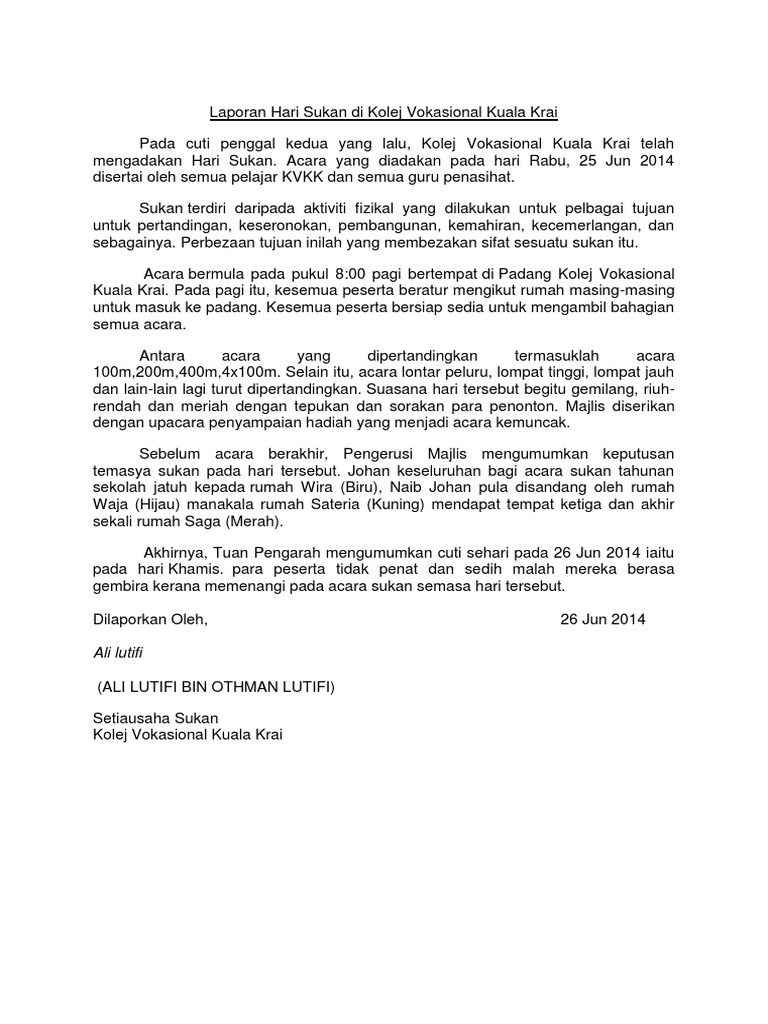 Laporan Hari Sukan Di Kolej Vokasional Kuala Krai Pdf