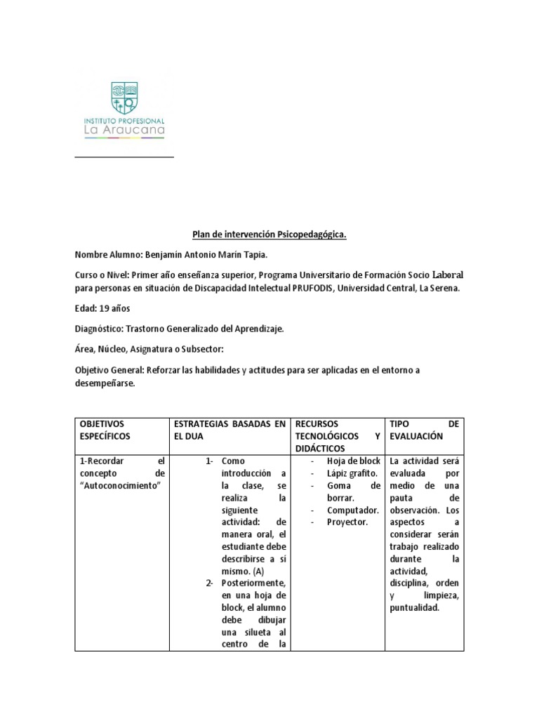 Plan de Intervención Psicopedagógica | PDF | Toma de decisiones ...
