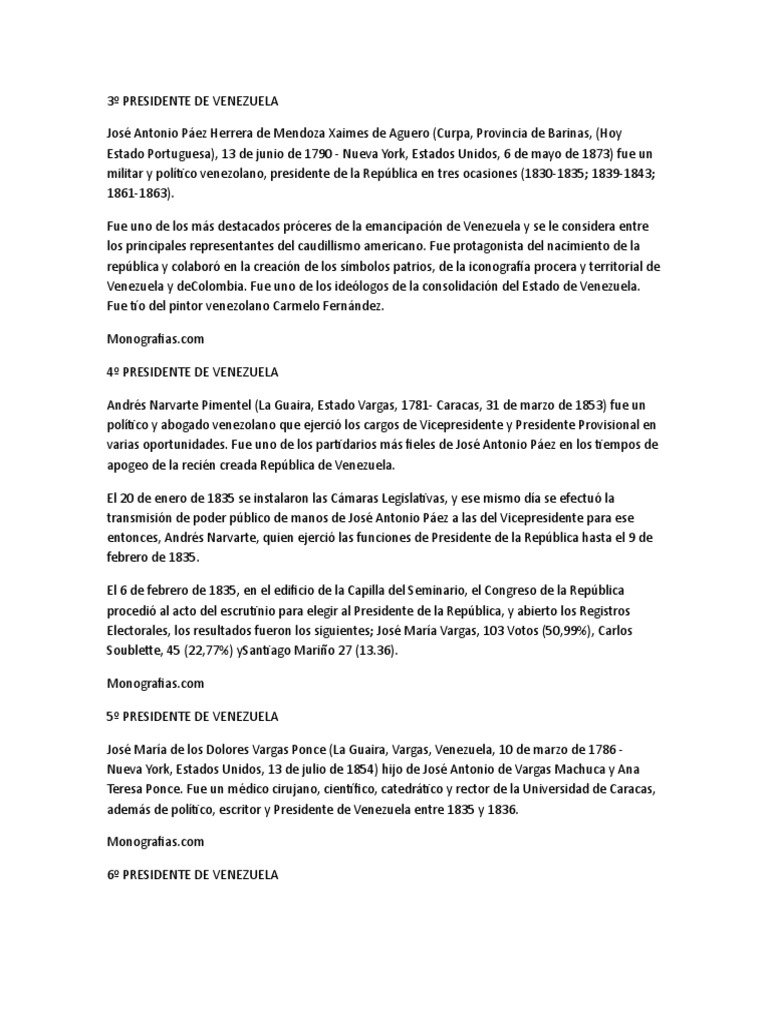 Breve Biografia de Presidentes de Venezuela Desde 1830 Hasta La