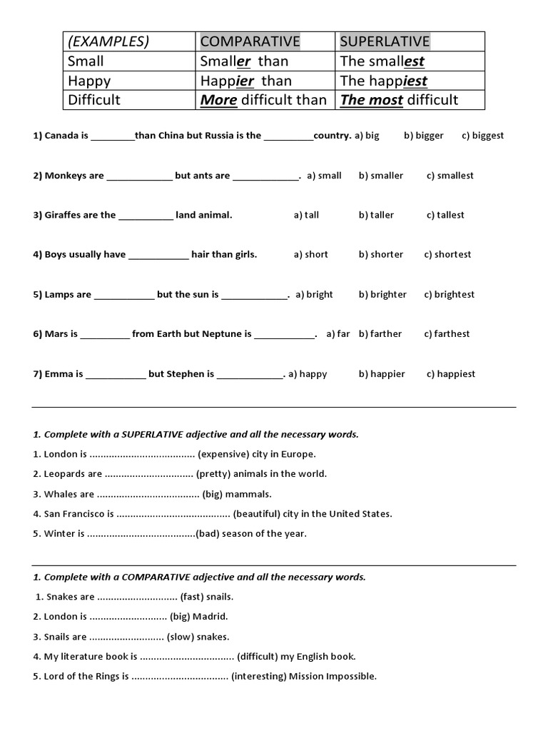 Comparative and Superlative Adjectives Exercise | PDF