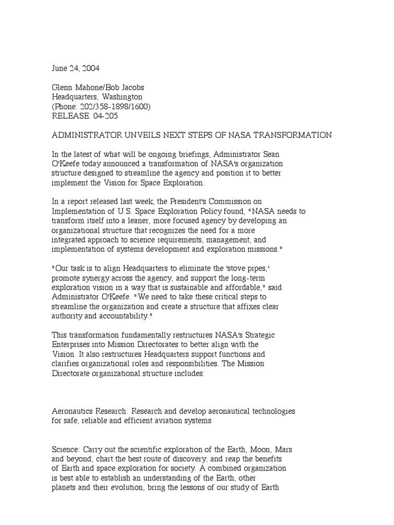 Official NASA Communication HQ 04205 Transformation | PDF | Nasa ...