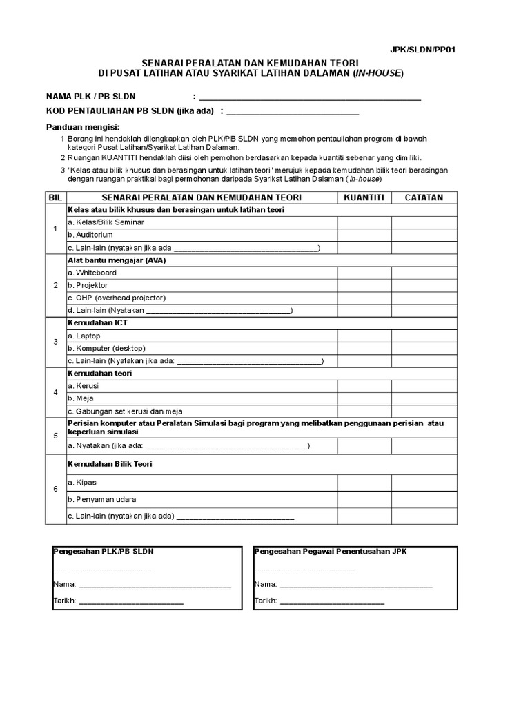 Jpk Sldn Pp01 Senarai Peralatan Dan Kemudahan Teori Pdf