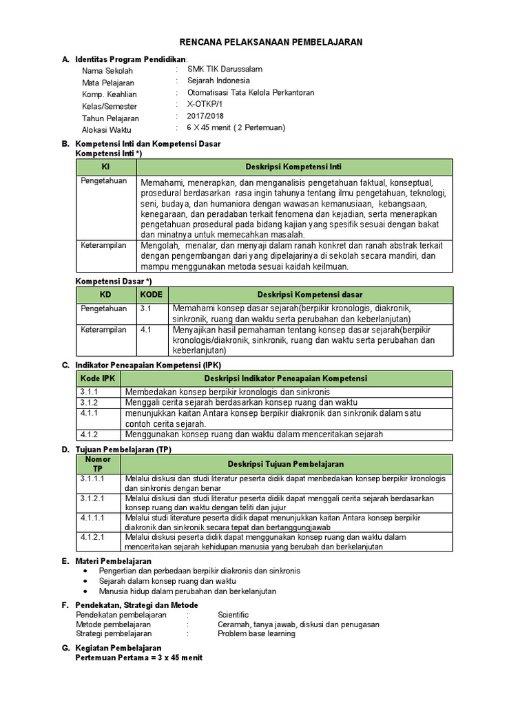 Rpp Sejarah Indonesia Kelas X Smk Kd 1