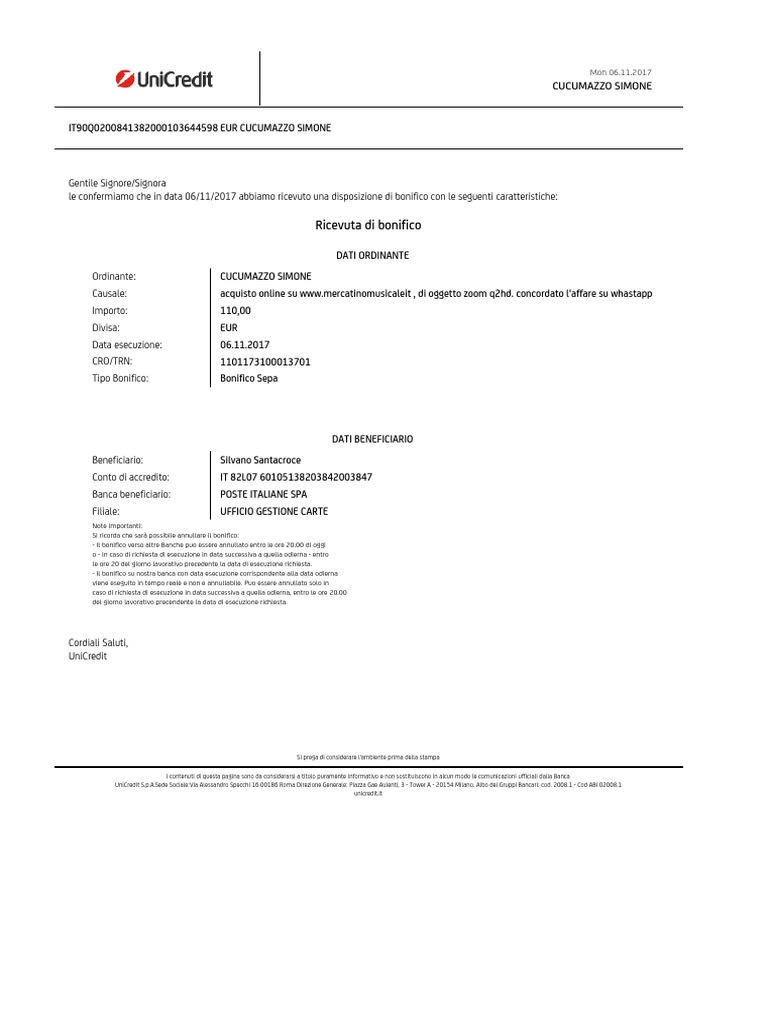 Modulo Bonifico Sepa Poste Italiane - Modulo