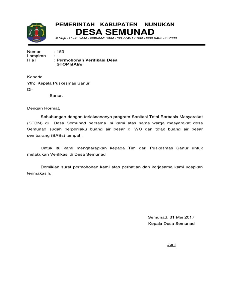 Surat Permohonan Verifikasi Stbm Sanur