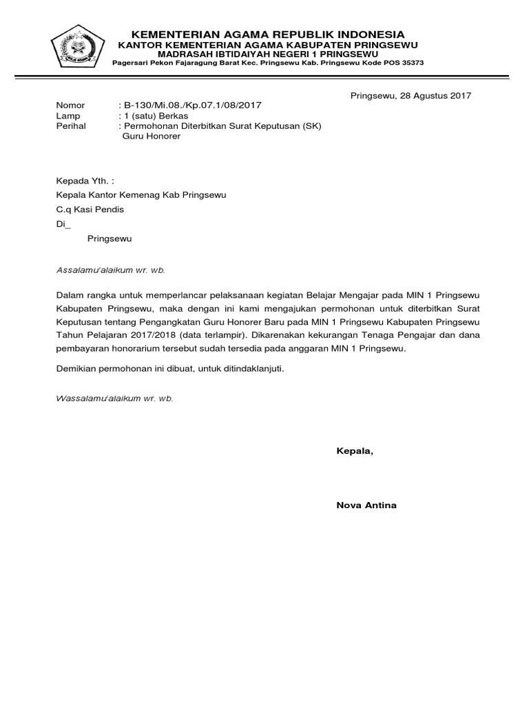Surat Permohonan Pengangkatan Guru Tetap Yayasan Seputaran Guru