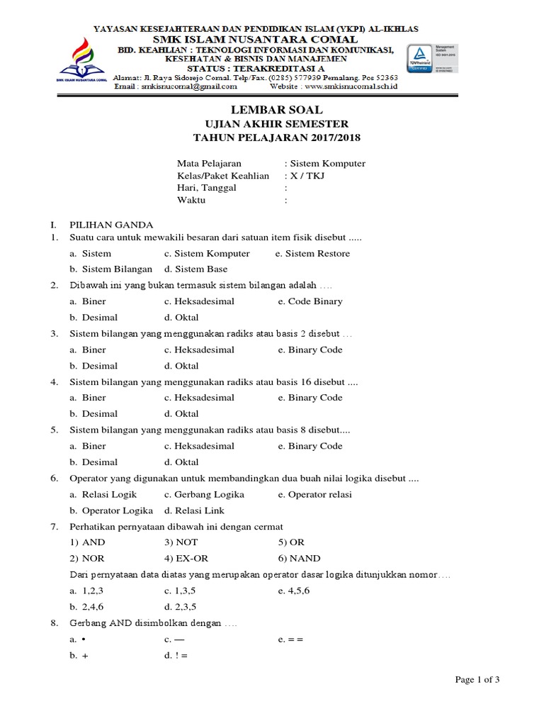 Soal Uas Sistem Komputer X Tkj
