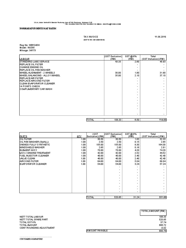 Detailed Tax Invoice for Vehicle Services | PDF