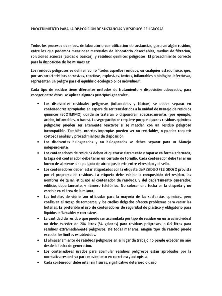 Procedimiento Disposición de Sustancias Peligrosas | PDF | Residuos ...