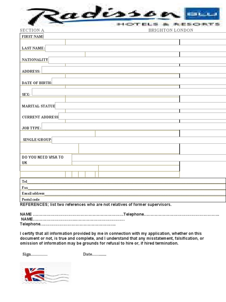 Radisson Blu Hotel Employment Application Form Business
