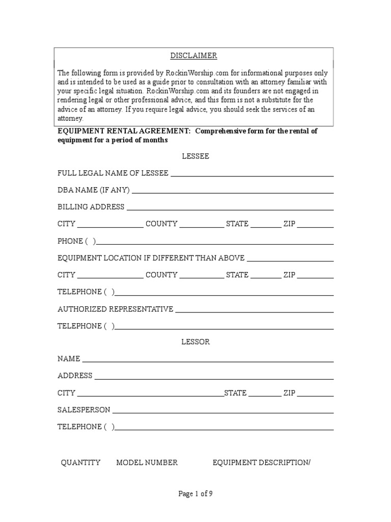 Equipment Rental Agreement Template