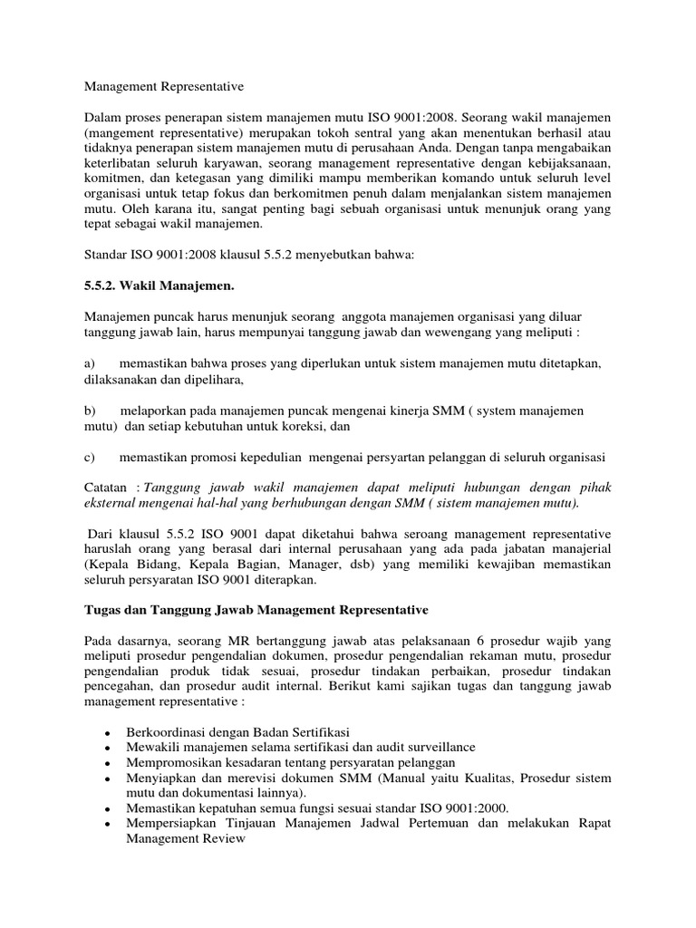 Tugas dan Kriteria Management Representative | PDF | Karier ...