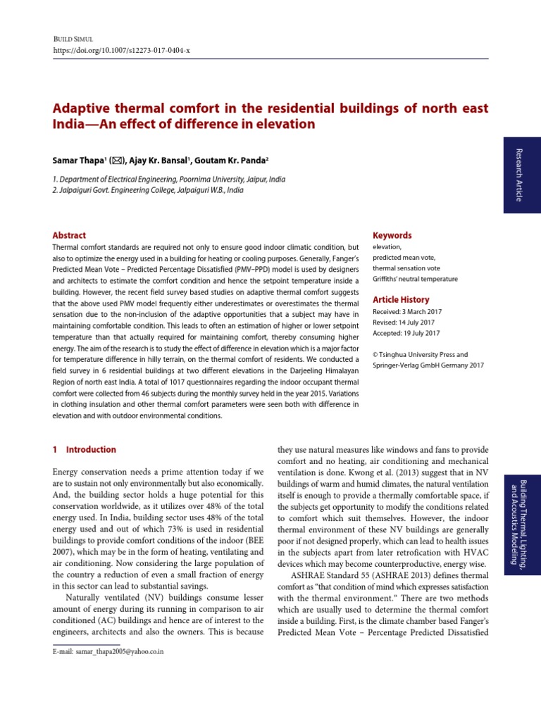 Adaptive Thermal Comfort in The Residential Buildings of North East ...