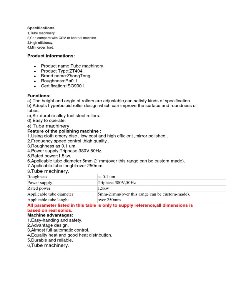 Machine Specifications | PDF