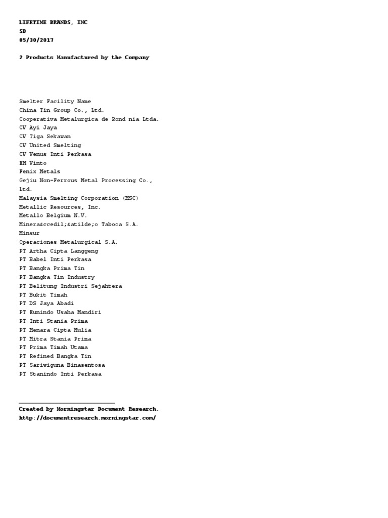 Lifetime Brands, Inc SD 05/30/2017 2 Products Manufactured by The