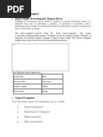 Fundamental of Computer Input/ Output, Processing and Memory Device