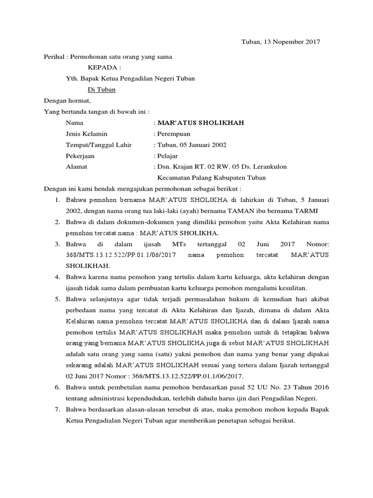 Surat Permohonan Satu Orang Yang Sama Pdf