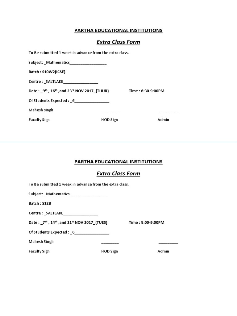 Extra Class Form: Partha Educational Institutions | PDF