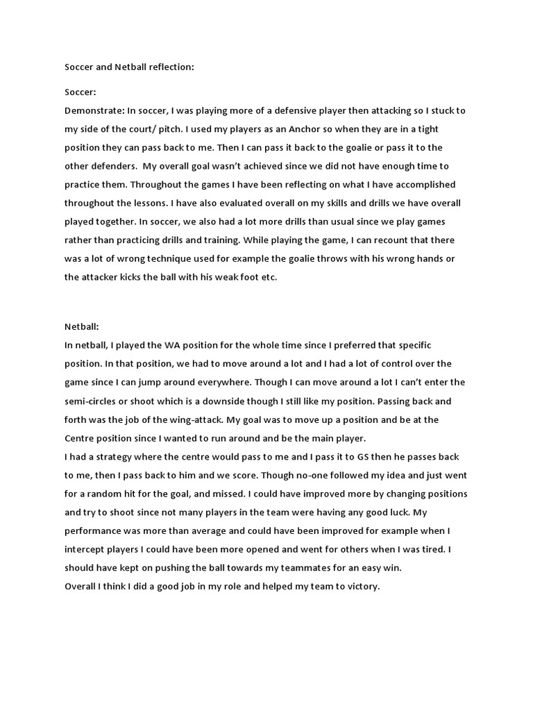 Soccer and Netball Reflection | PDF