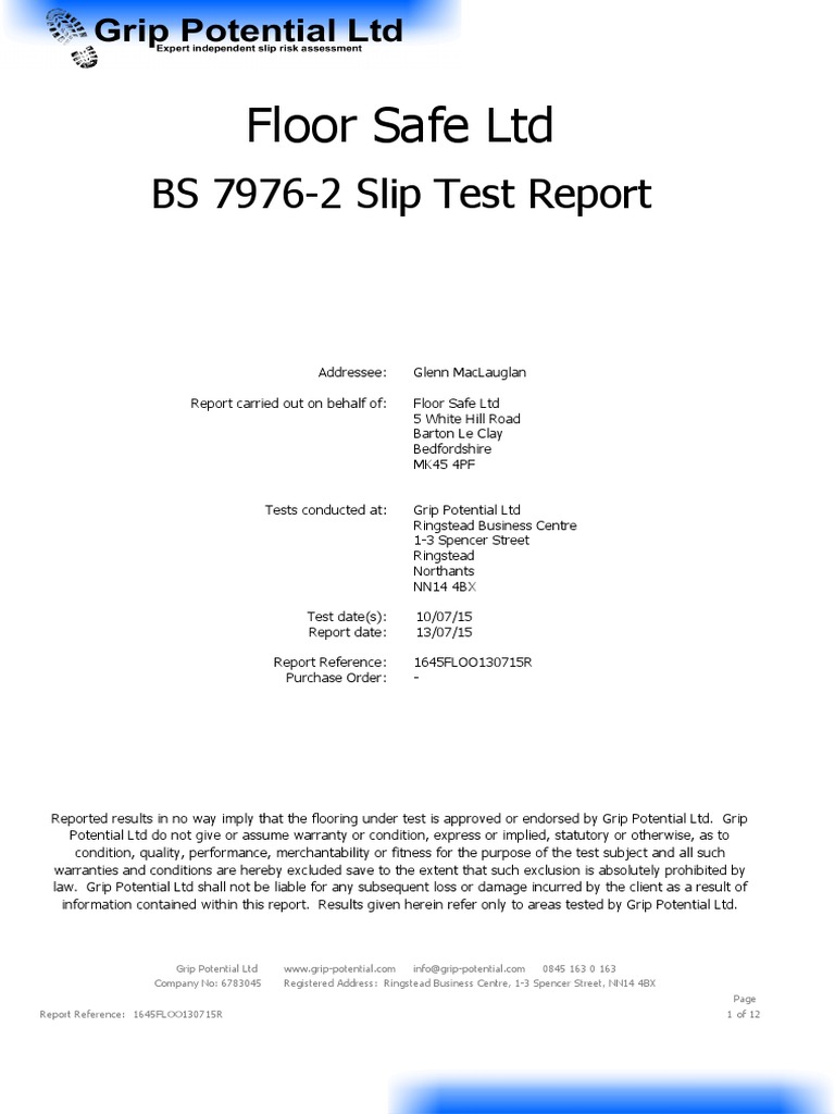 Floor Safe LTD BS 79762 Slip Test Report PDF Surface Roughness Risk