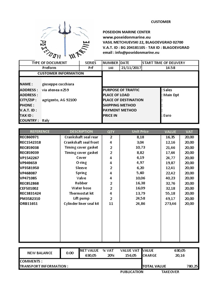 Invoice for Poseidon Marine Center | PDF