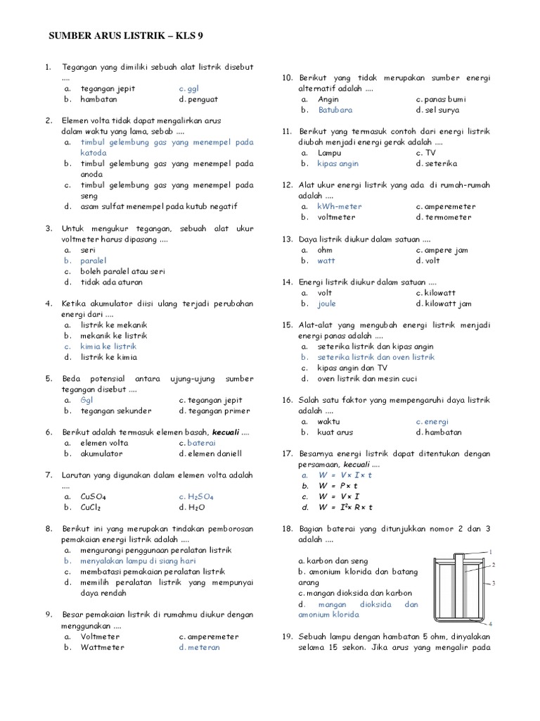Soal Ulangan Sumber Arus Listrik Kelas 9