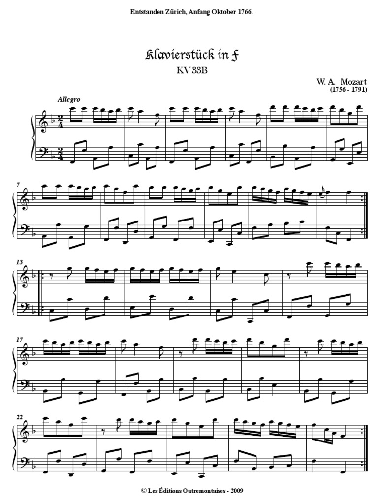 Mozart Piano Piece In F Major Kv 33b Loisirs