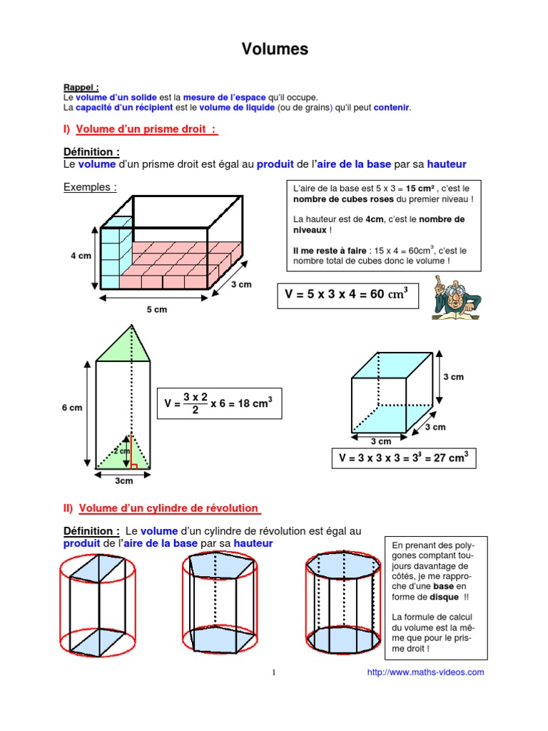 Formule Volume Prisme Droit Volumes (5ème) | PDF | Le volume | Mesure géométrique