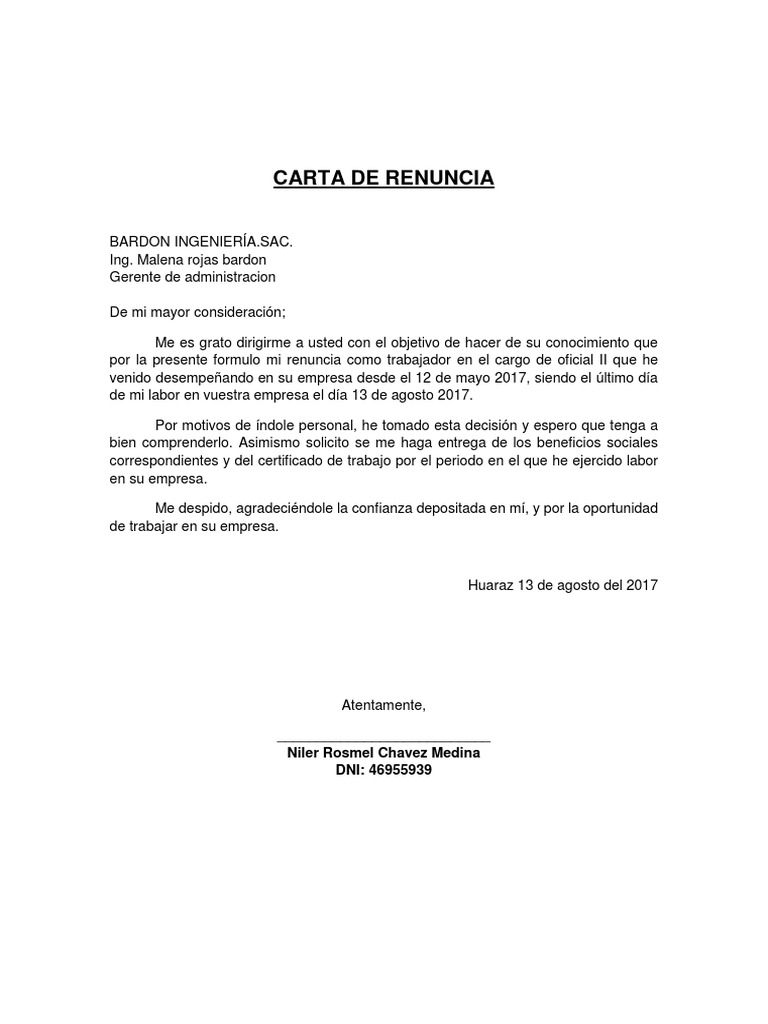 Ejemplo de Carta de Renuncia
