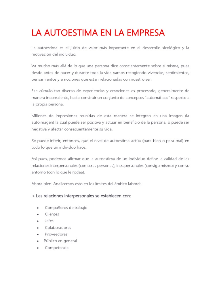 Autoestima y su Impacto en la Empresa | PDF | Autoestima | Toma de ...