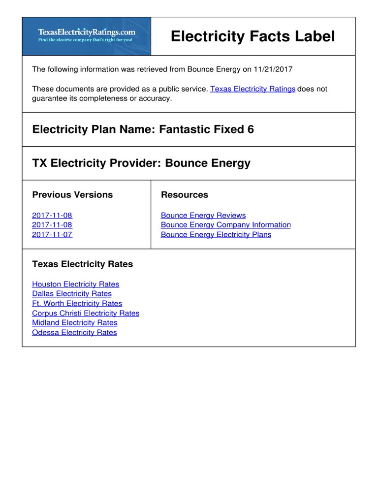 Electricity Facts Label Electricity Plan Name Fantastic Fixed 6 TX