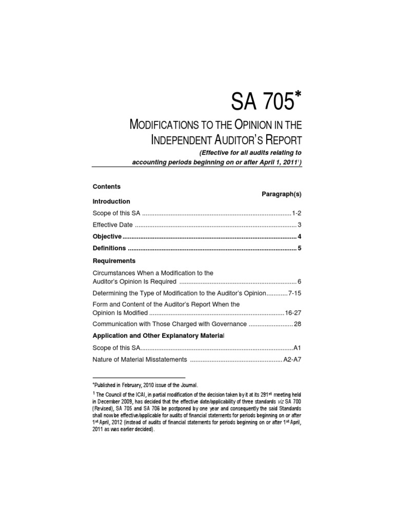 Modifications to Auditor's Opinion SA 705 | PDF | Auditor's Report ...