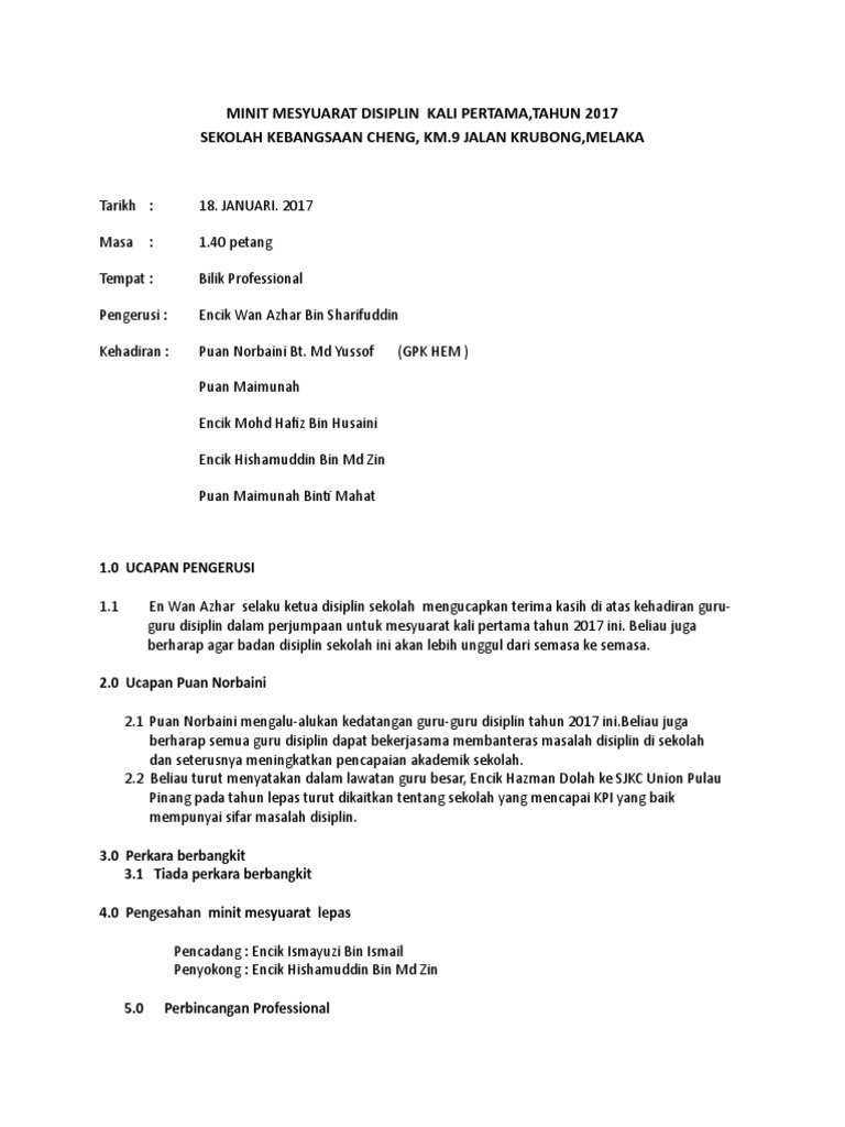 Minit Mesyuarat Disiplin Kali Pertama 2017 Pdf
