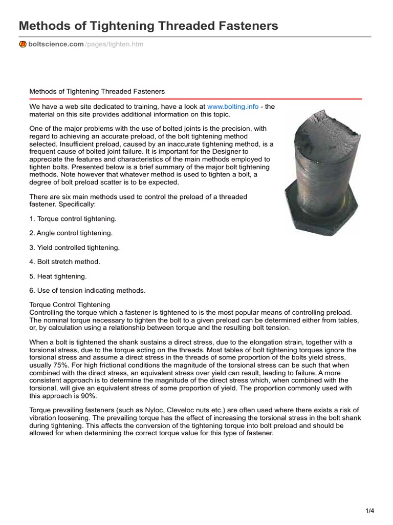 Methods of Tightening Threaded Fasteners | PDF | Nut (Hardware) | Screw