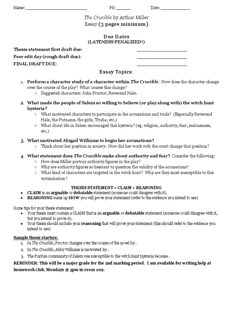 Crucible Essay Topics PDF