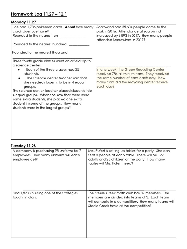 Weekly Math Homework Log for Grades 4-5 | PDF | Further Education