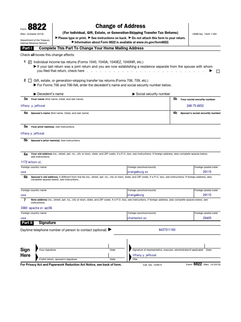 IRS Form 8822: Change of Address | PDF | Internal Revenue Service | Irs ...