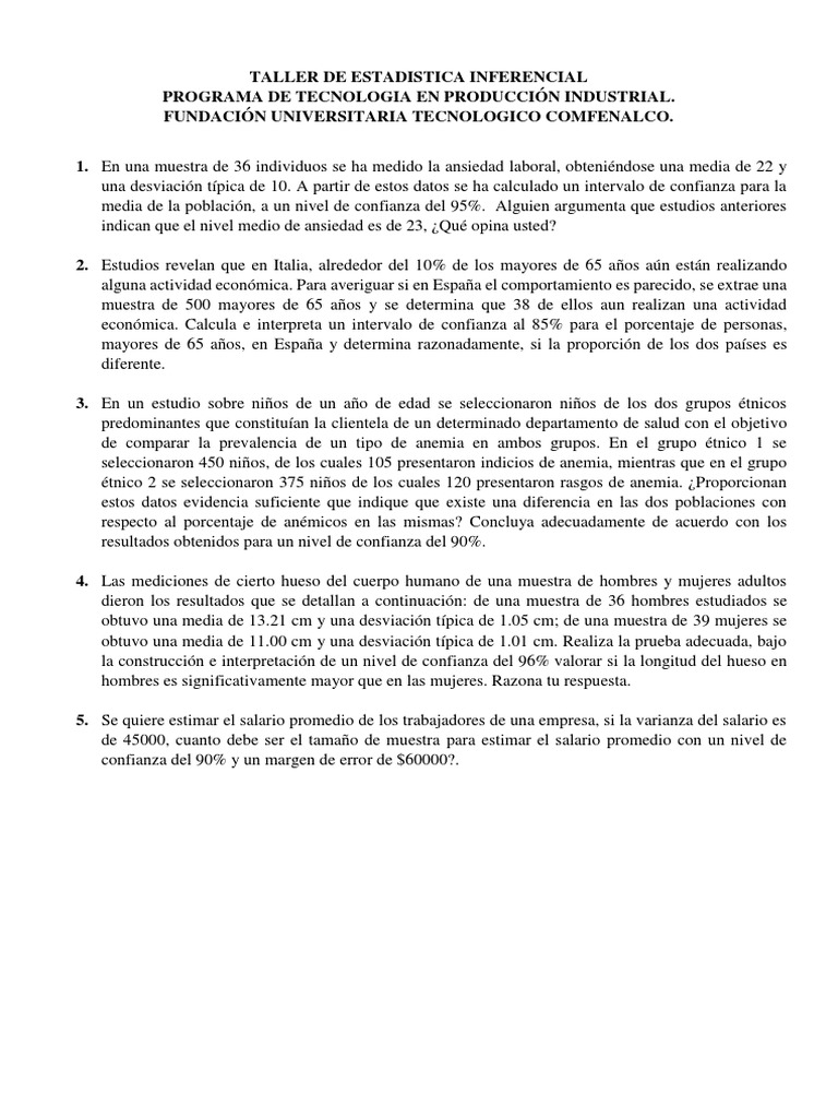 Taller De Intervalos Producción Pdf Desviación Estándar Intervalo